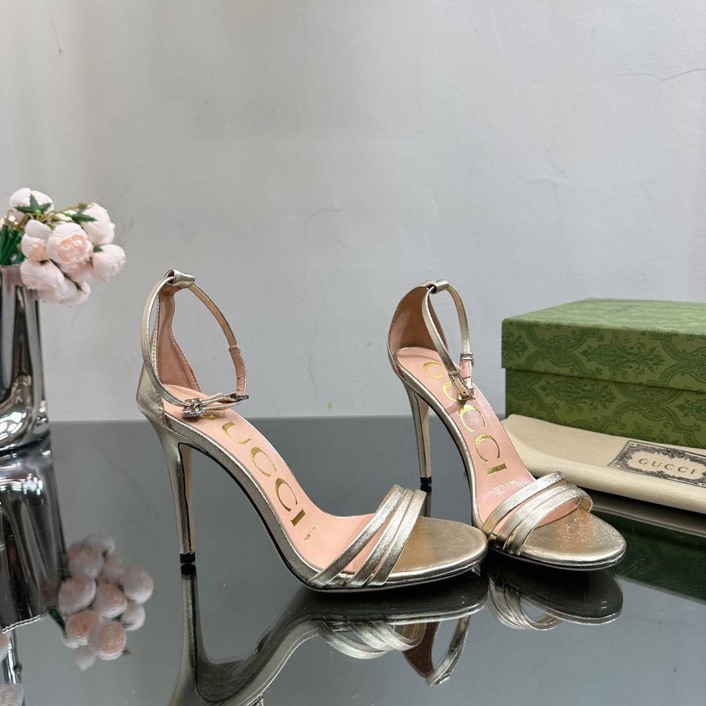 GUCCI 105 HIGH HEEL SANDAL METALLIC GOLD LAMBSKIN