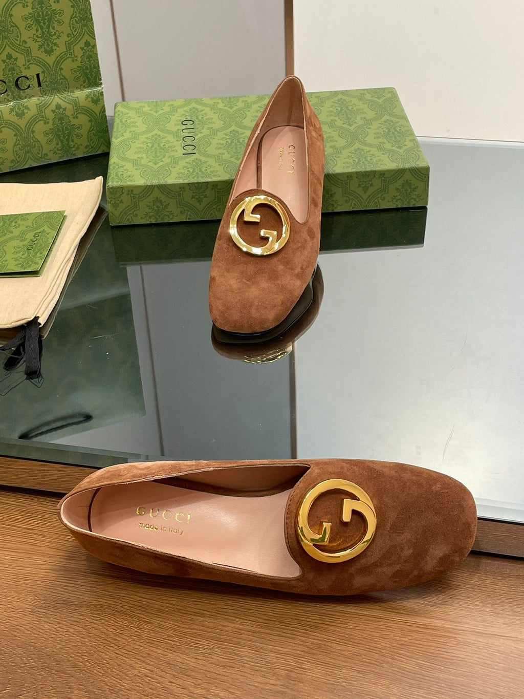 GUCCI BLONDIE LOGO-PLAQUE LOAFERS IN BRONZE BROWN SUEDE WITH GOLD HARDWARE