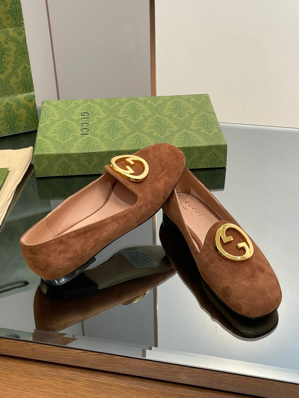 GUCCI BLONDIE LOGO-PLAQUE LOAFERS IN BRONZE BROWN SUEDE WITH GOLD HARDWARE