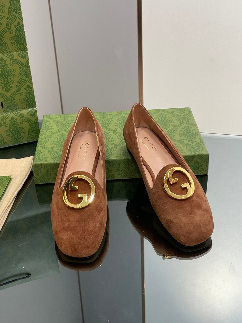 GUCCI BLONDIE LOGO-PLAQUE LOAFERS IN BRONZE BROWN SUEDE WITH GOLD HARDWARE