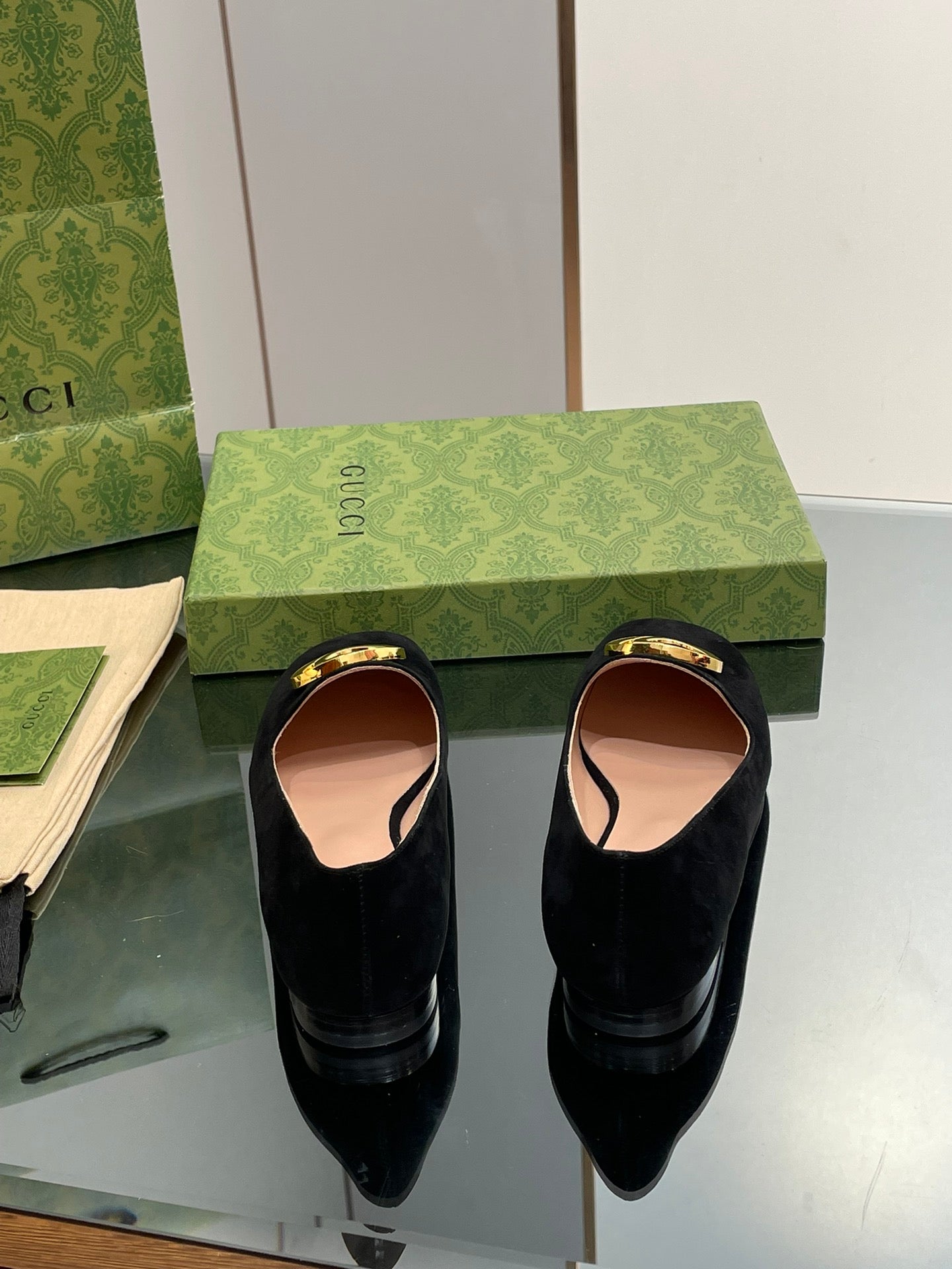 GUCCI BLONDIE LOGO-PLAQUE LOAFERS IN BLACK SUEDE WITH GOLD HARDWARE