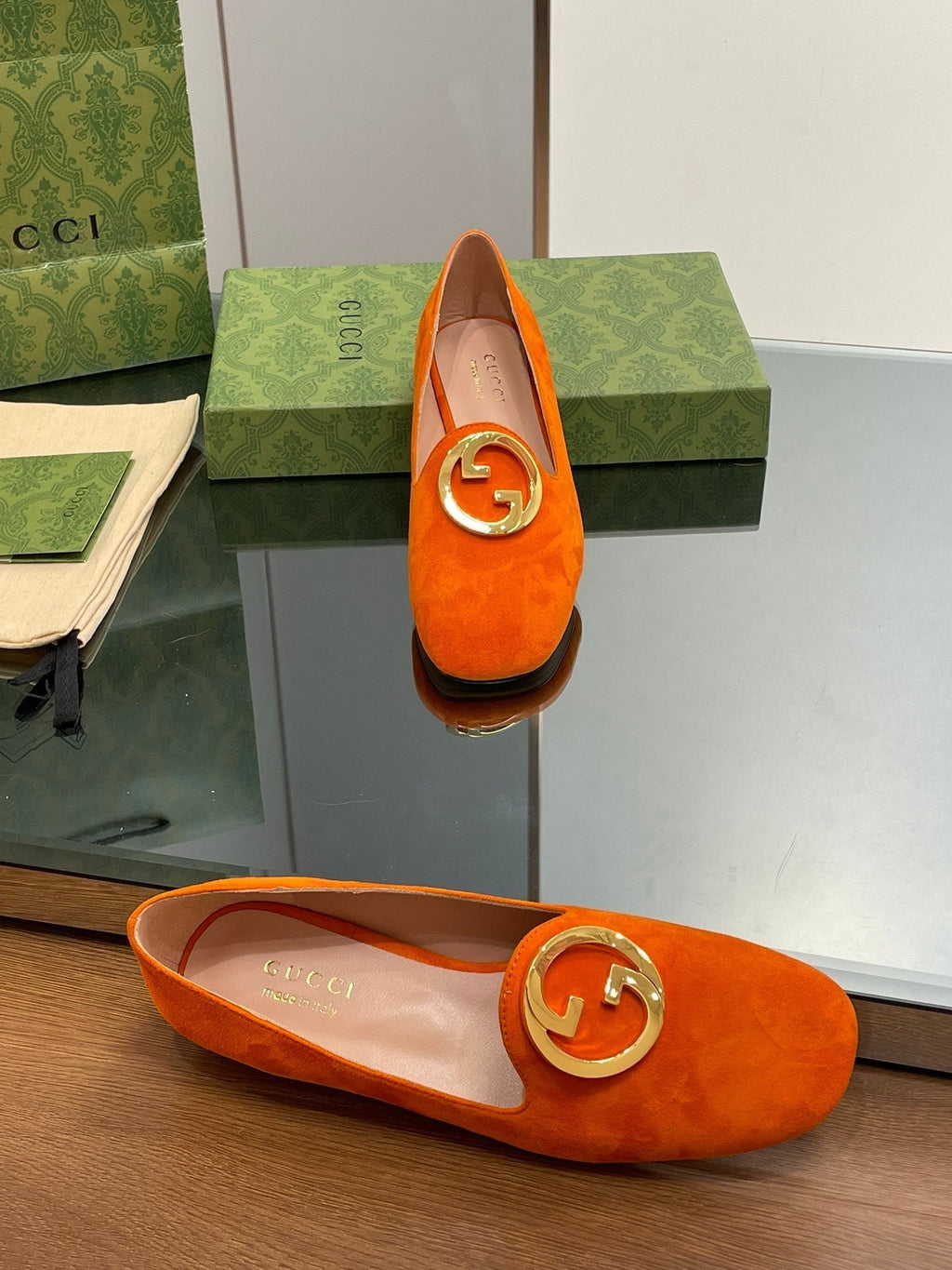 GUCCI BLONDIE LOGO-PLAQUE LOAFERS IN TIGER ORANGE SUEDE WITH GOLD HARDWARE