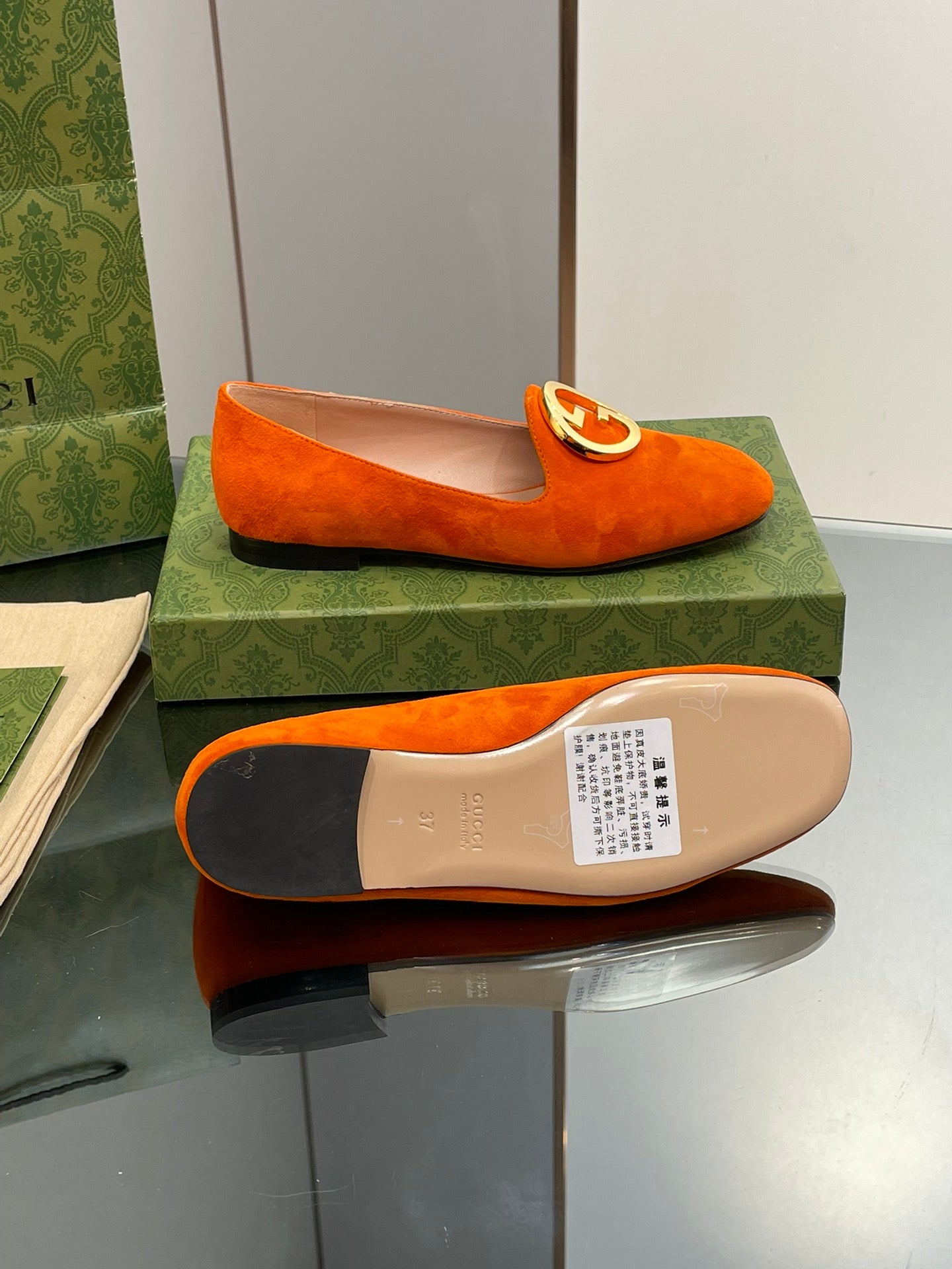 GUCCI BLONDIE LOGO-PLAQUE LOAFERS IN TIGER ORANGE SUEDE WITH GOLD HARDWARE