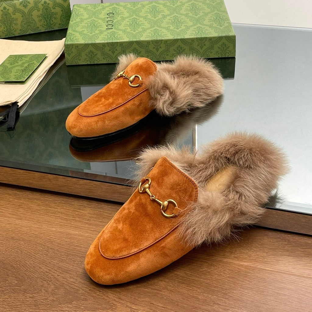 GUCCI HORSEBIT MULE IN BRONZE ORANGE SUEDE AND LAMB WOOL LINING