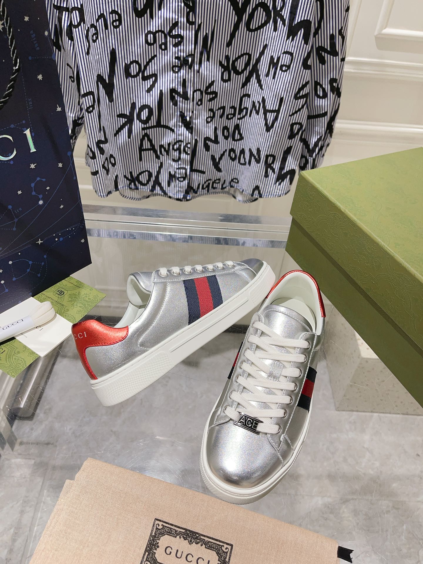 GUCCI ACE  SUPREME TRAINER SILVER CALFSKIN
