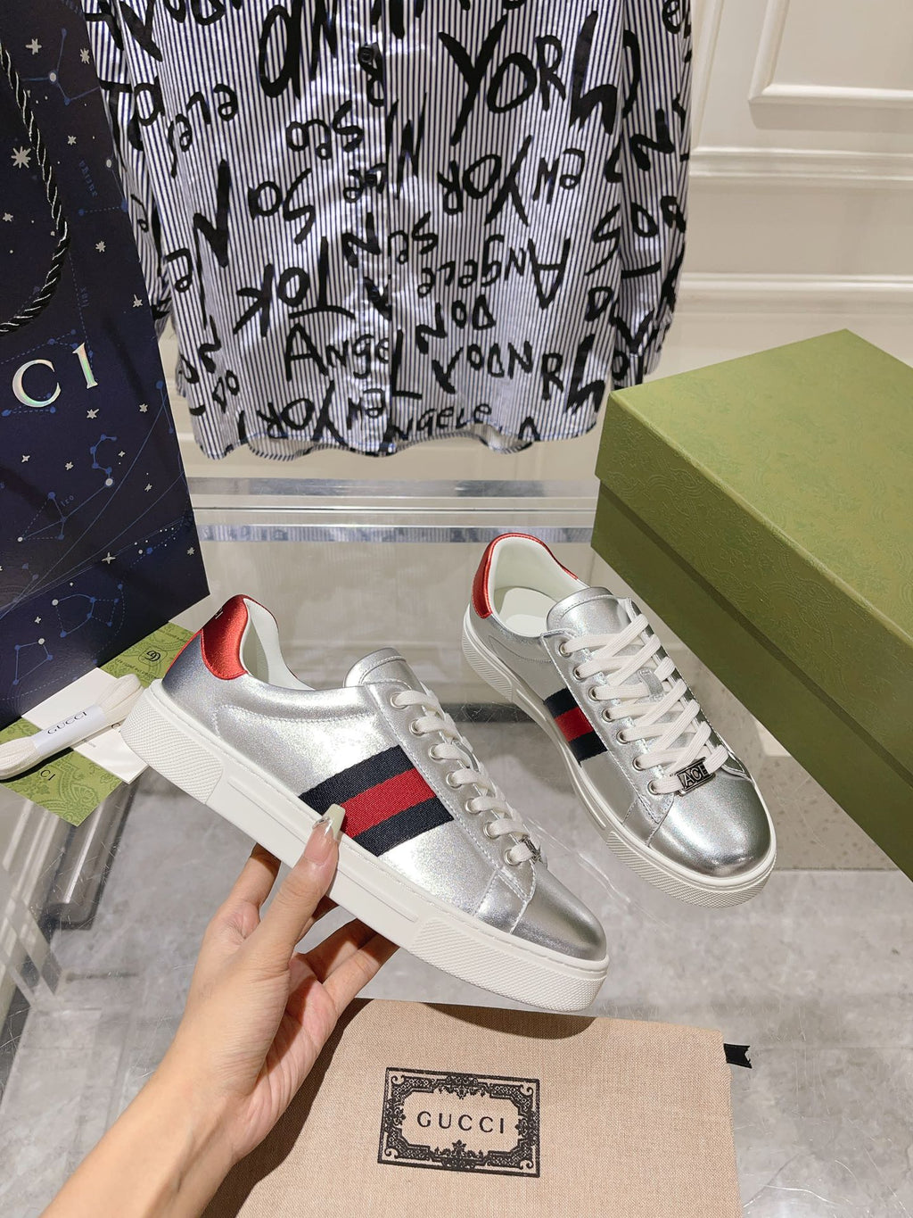 GUCCI ACE  SUPREME TRAINER SILVER CALFSKIN
