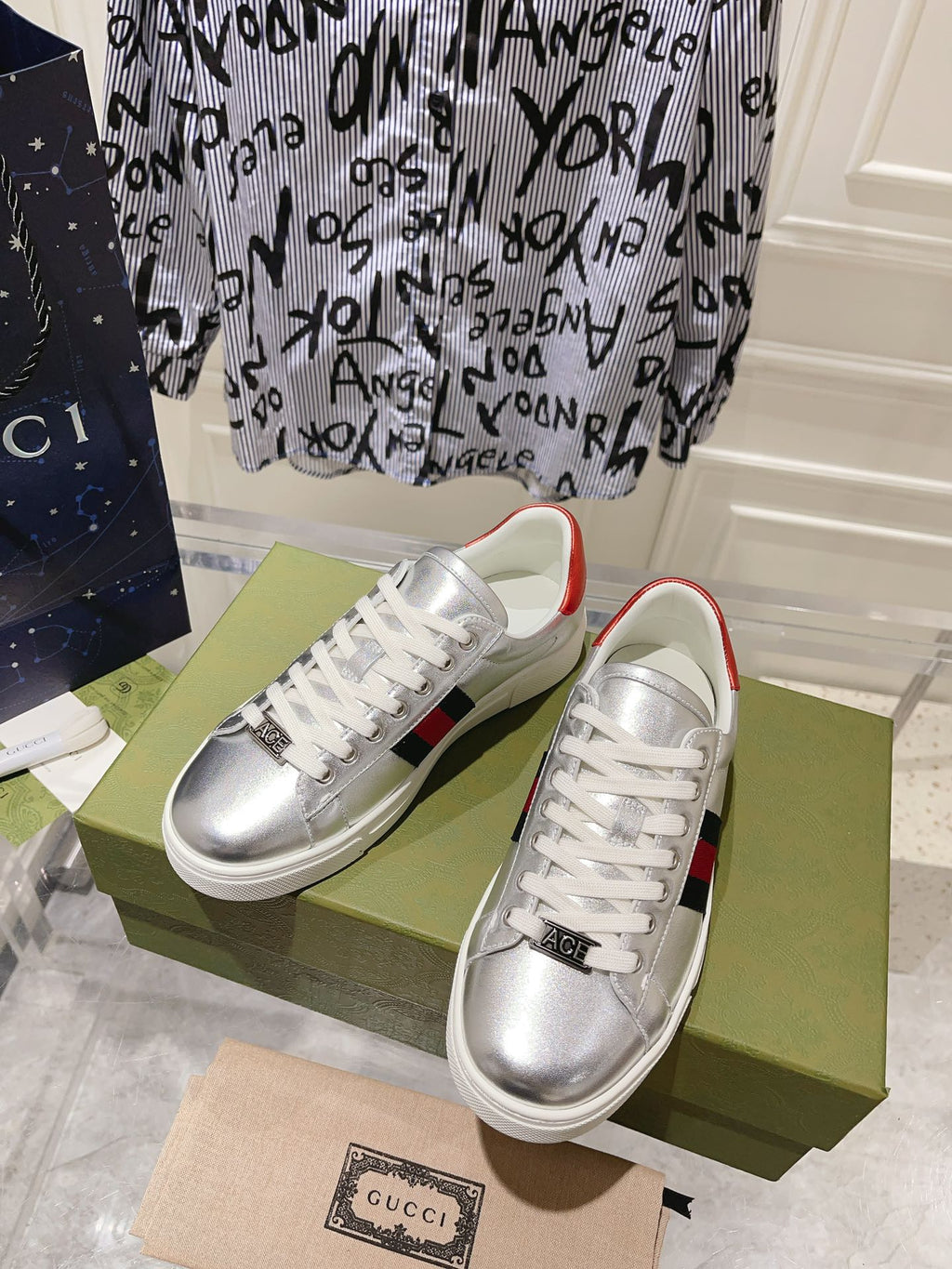 GUCCI ACE  SUPREME TRAINER SILVER CALFSKIN