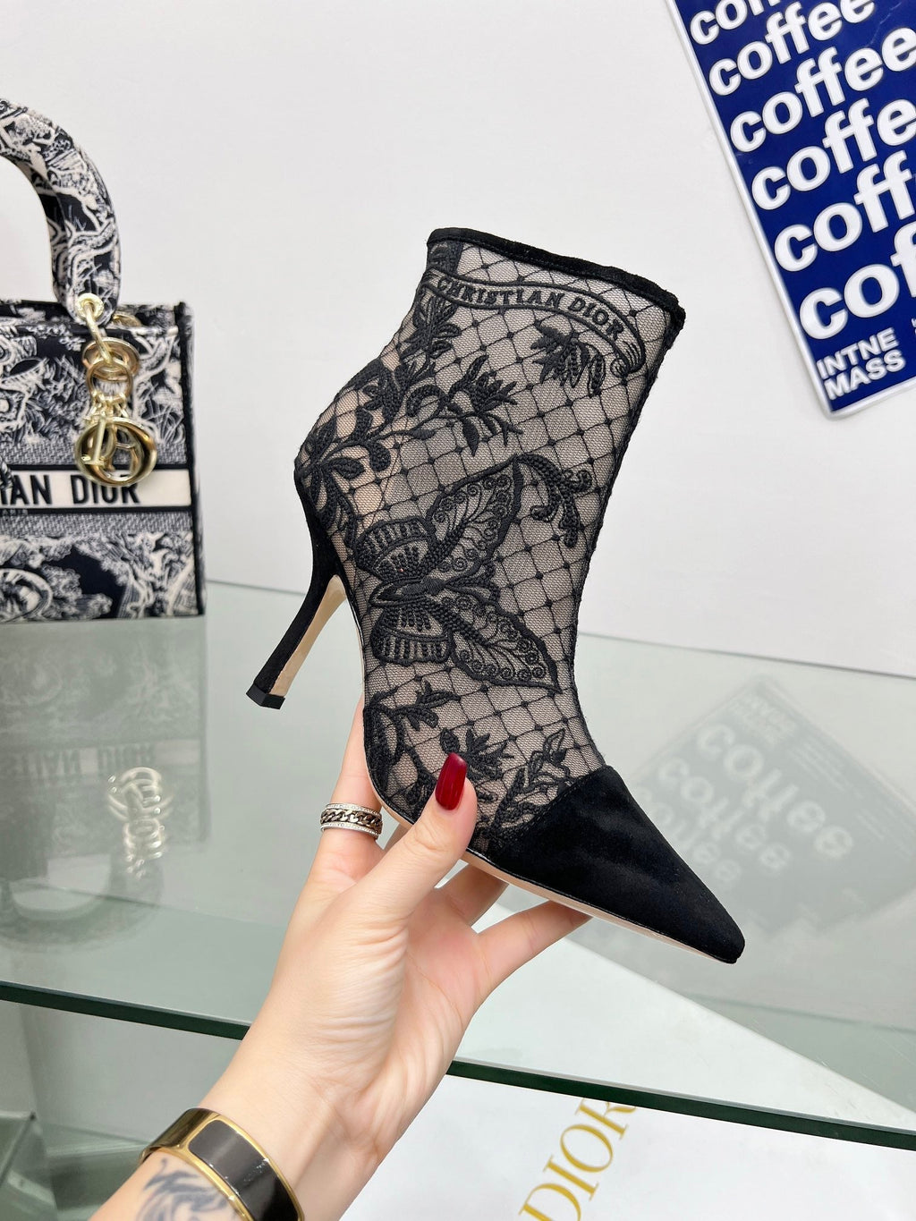 DIOR 25S POINTED-TOE ANKLE BOOTS 95 MM IN BLACK MESH TULLE AND SUEDE STYLE 1