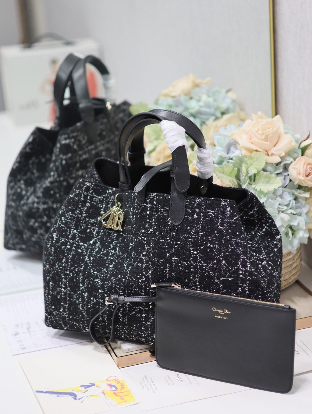 DIOR TOUJOURS BAG 37 IN BLACK MIX WHITE CANNAGE TWEED WITH GOLD HARDWARE