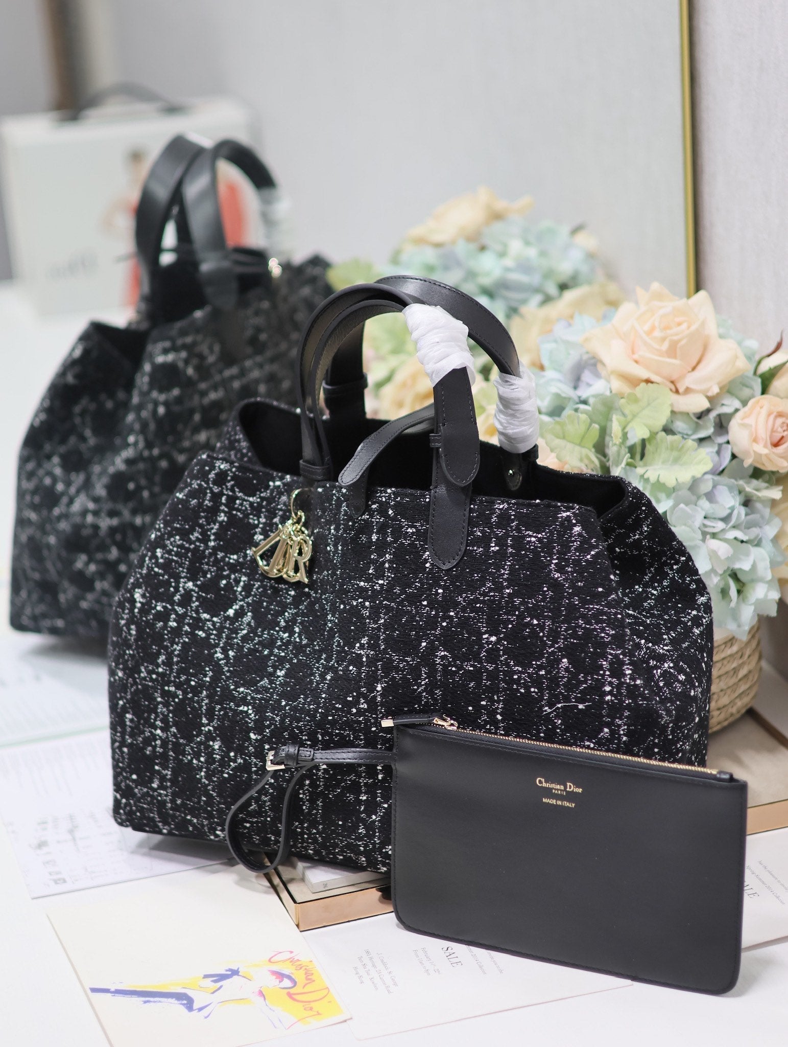 DIOR TOUJOURS BAG 37 IN BLACK MIX WHITE CANNAGE TWEED WITH GOLD HARDWARE