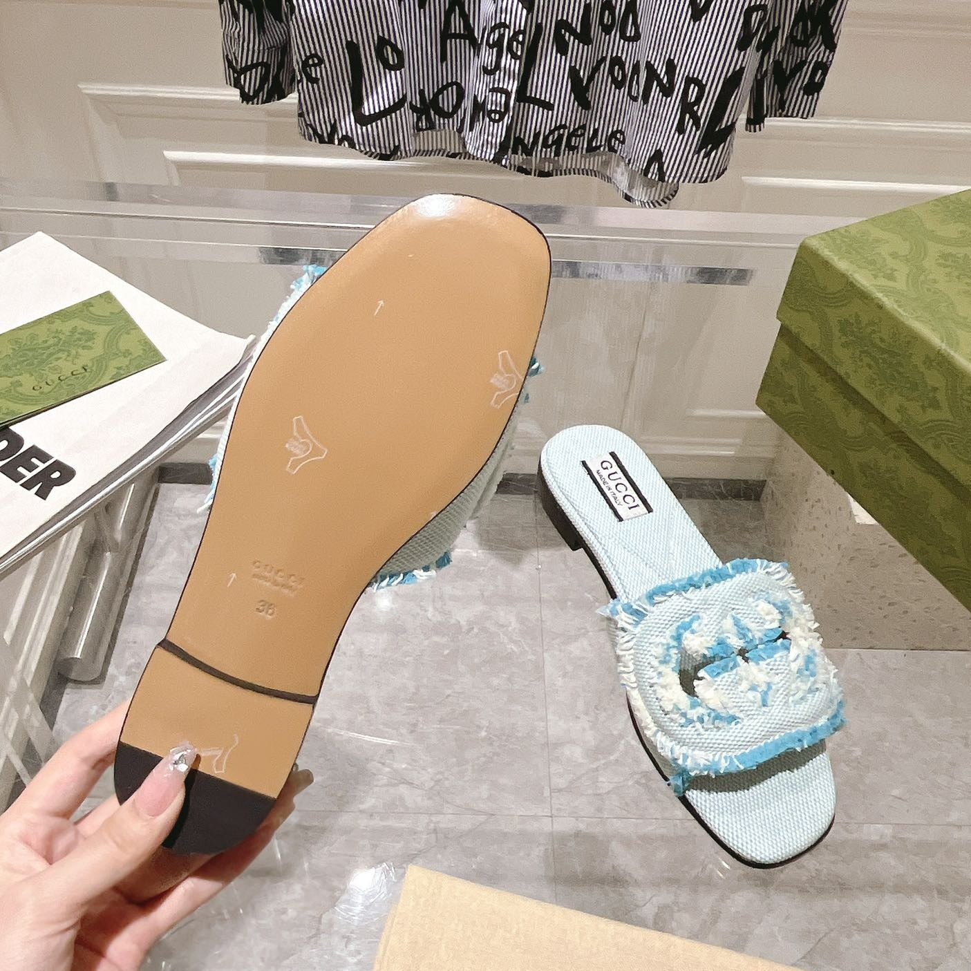 GUCCI Interlocking double G hollow slippers Baby Blue