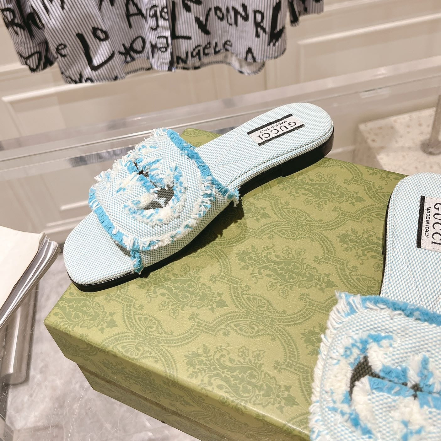 GUCCI Interlocking double G hollow slippers Baby Blue