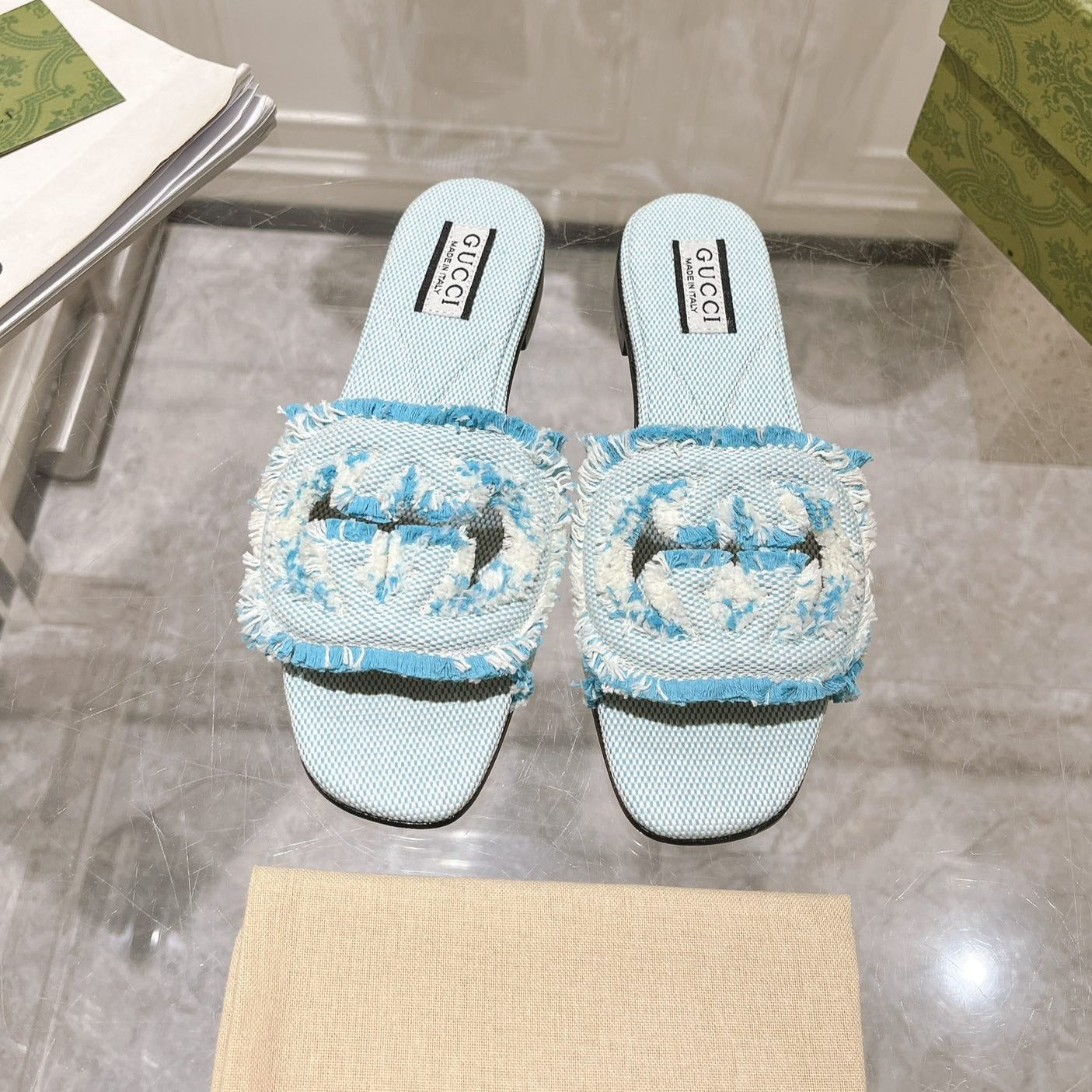 GUCCI Interlocking double G hollow slippers Baby Blue