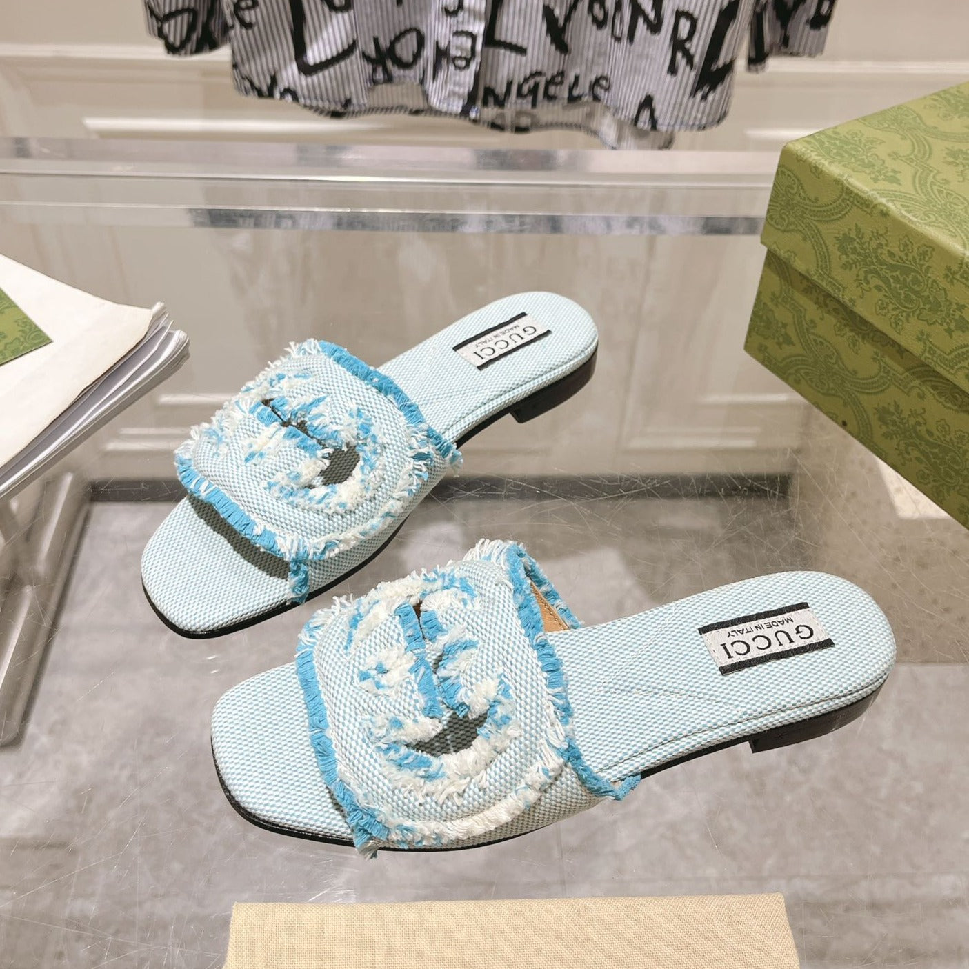 GUCCI Interlocking double G hollow slippers Baby Blue