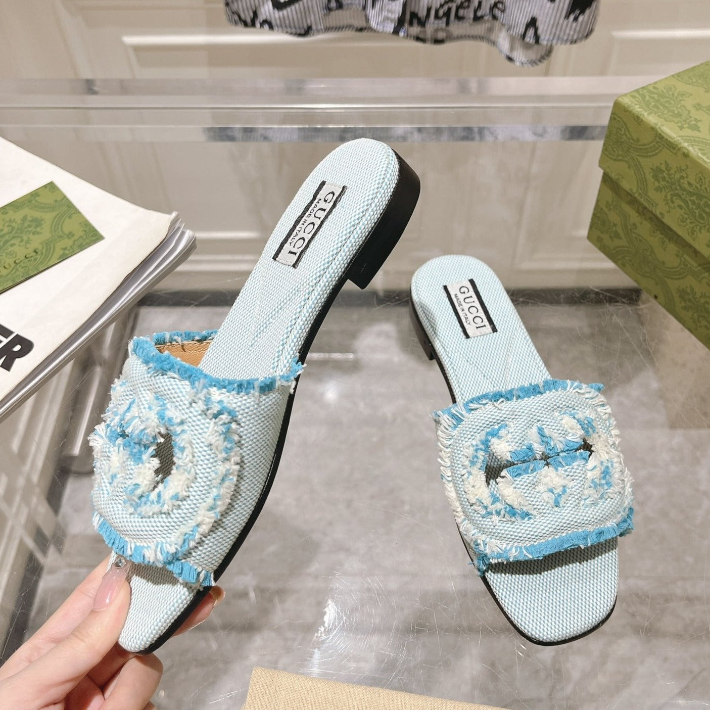 GUCCI Interlocking double G hollow slippers Baby Blue