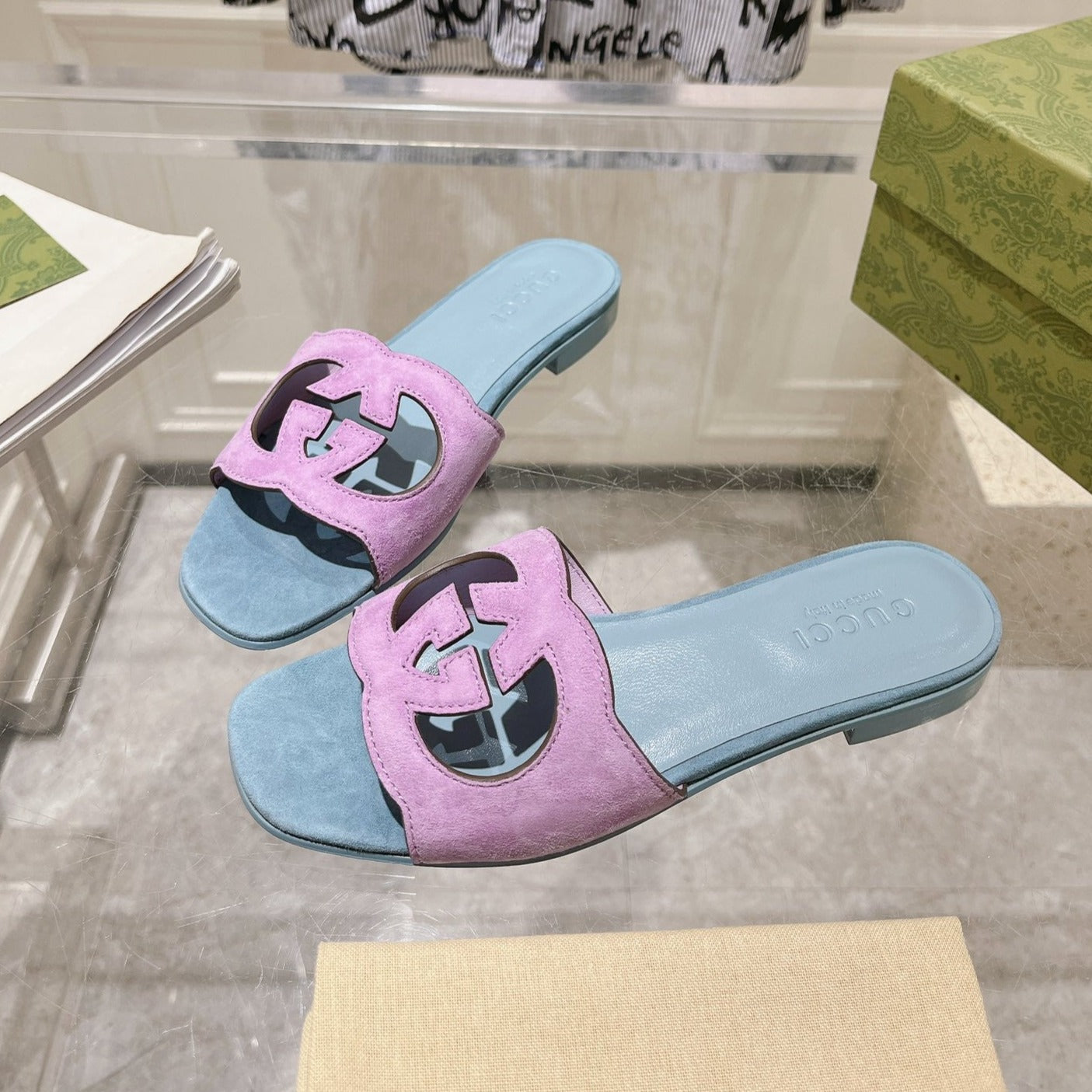GUCCI Interlocking double G hollow slippers Orchid Purple Blue