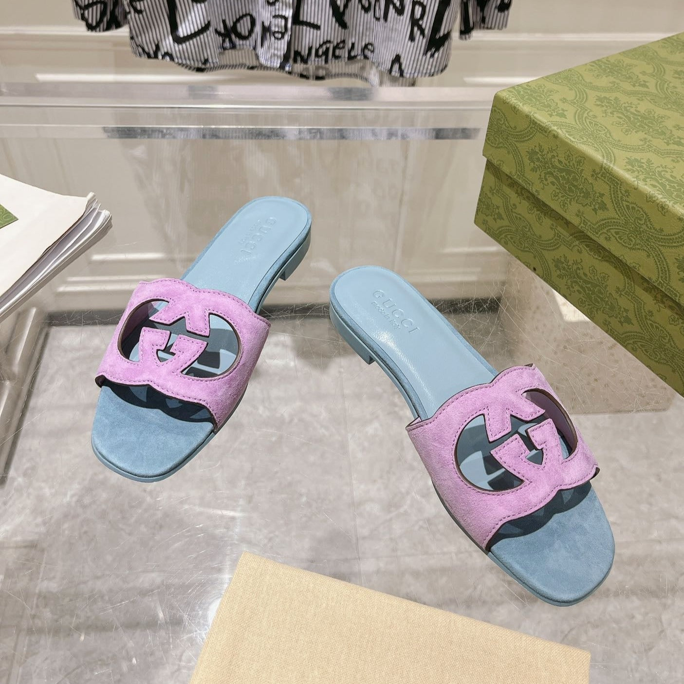 GUCCI Interlocking double G hollow slippers Orchid Purple Blue