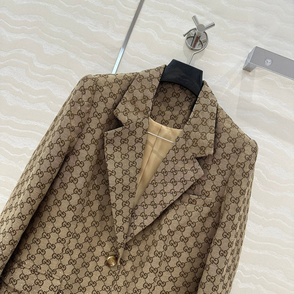 GUCCI Gucci  Letter Jacquard Woven Jacket Light Brown Polyester Fiber