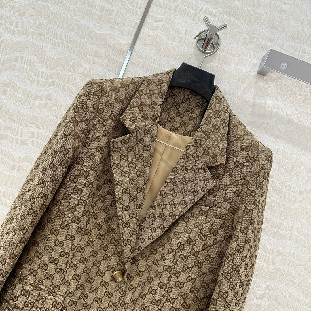 GUCCI Gucci  Letter Jacquard Woven Jacket Light Brown Polyester Fiber