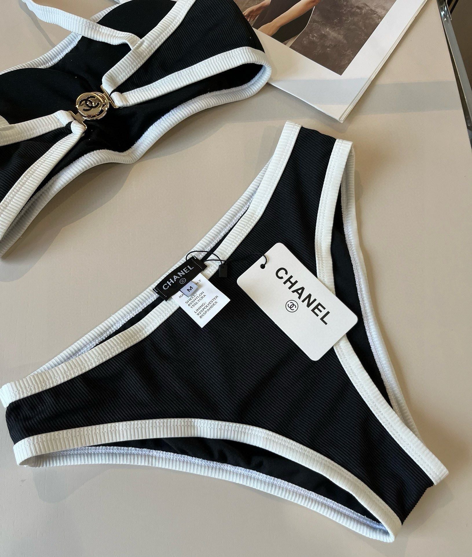 CHANEL BIKINI SWIMSUIT SET BLACK WHITE 174796