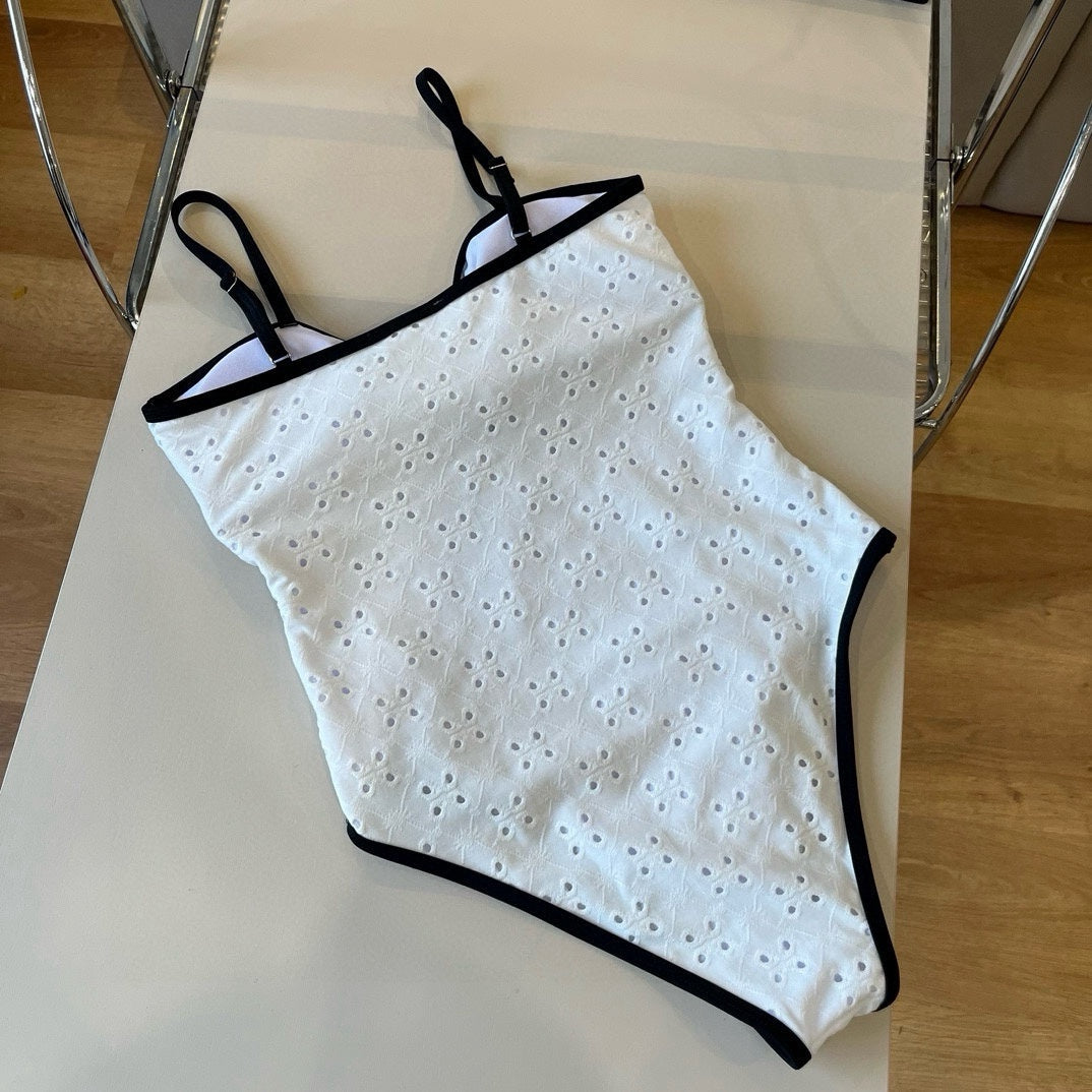 CHANEL BIKINI SWIMSUIT SET IN WHITE AND BLACK TRIM 594786