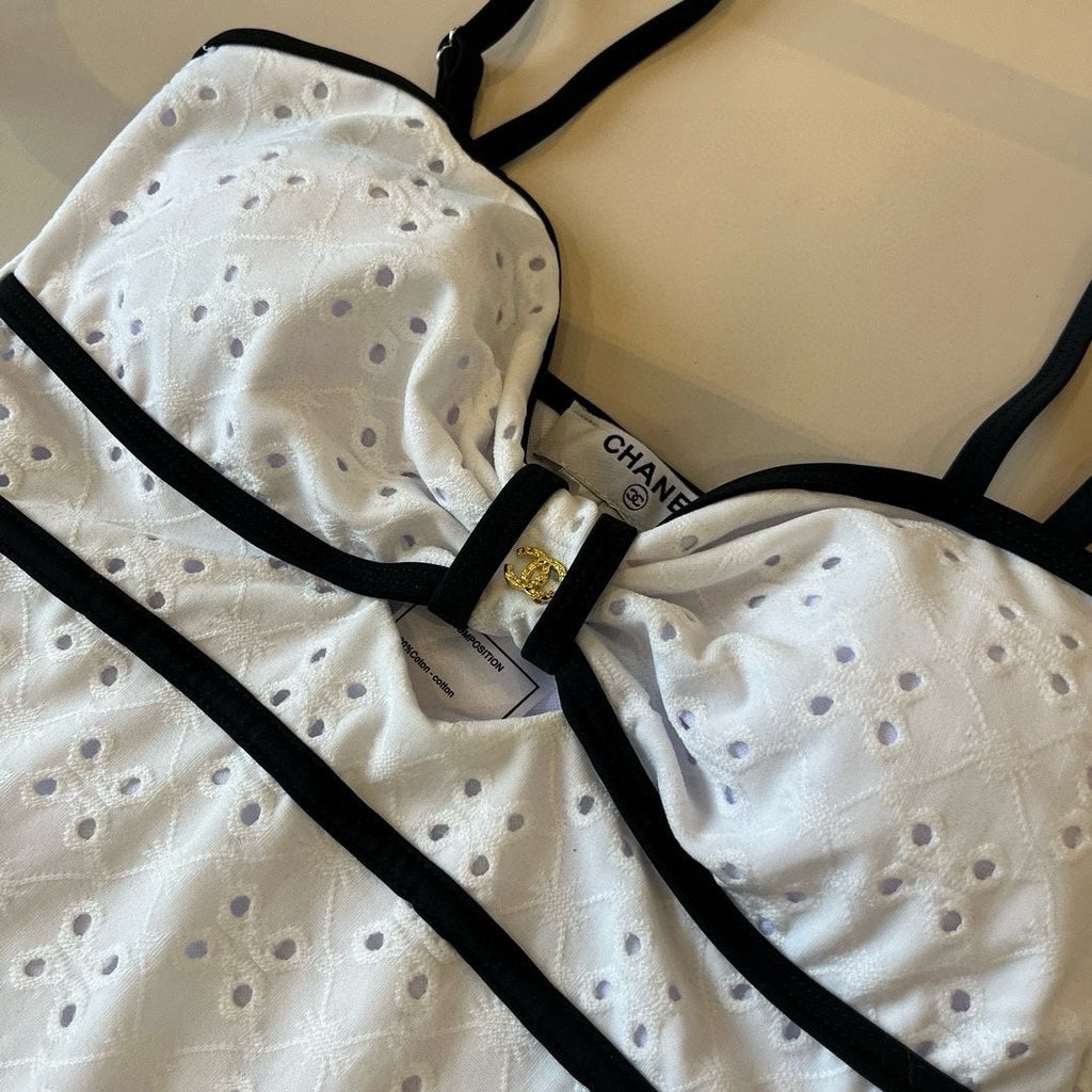 CHANEL BIKINI SWIMSUIT SET IN WHITE AND BLACK TRIM 594786
