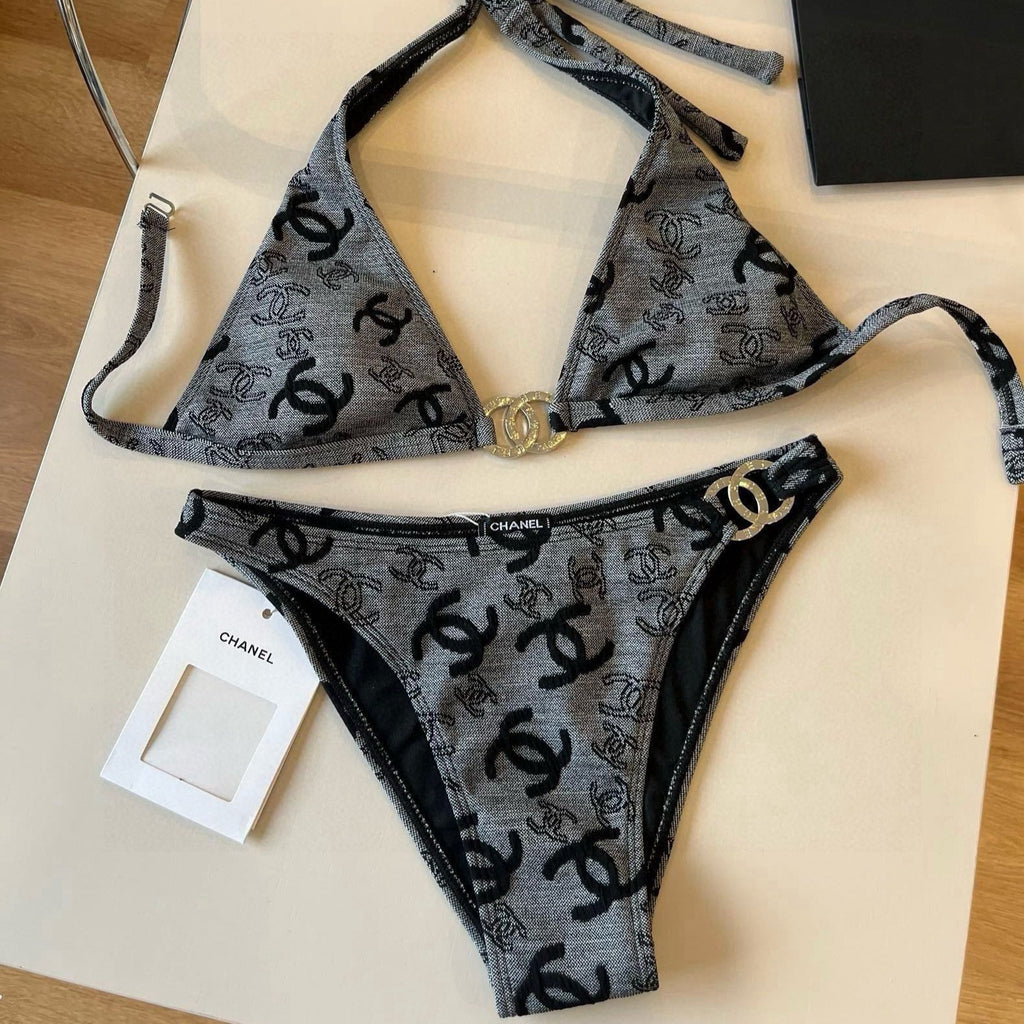 CHANEL SWIMSUIT IN GREY AND BLACK PRINTED LOGO 604224