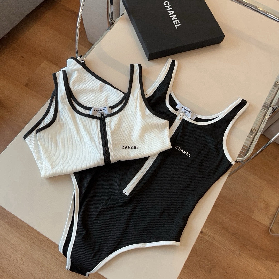 CHANEL BIKINI SWIMSUIT SET IN WHITE AND BLACK TRIM 625974