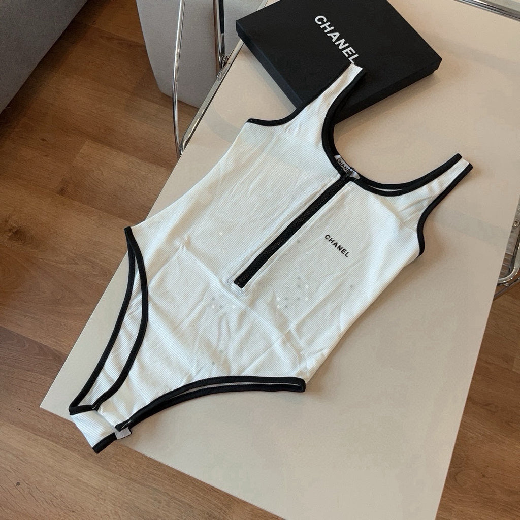 CHANEL BIKINI SWIMSUIT SET IN WHITE AND BLACK TRIM 625974