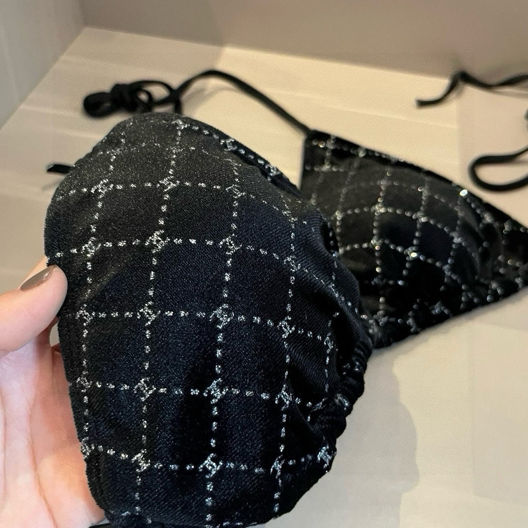 CHANEL BIKINI SWIMSUIT SET IN BLACK AND WHITE PLAID 625992