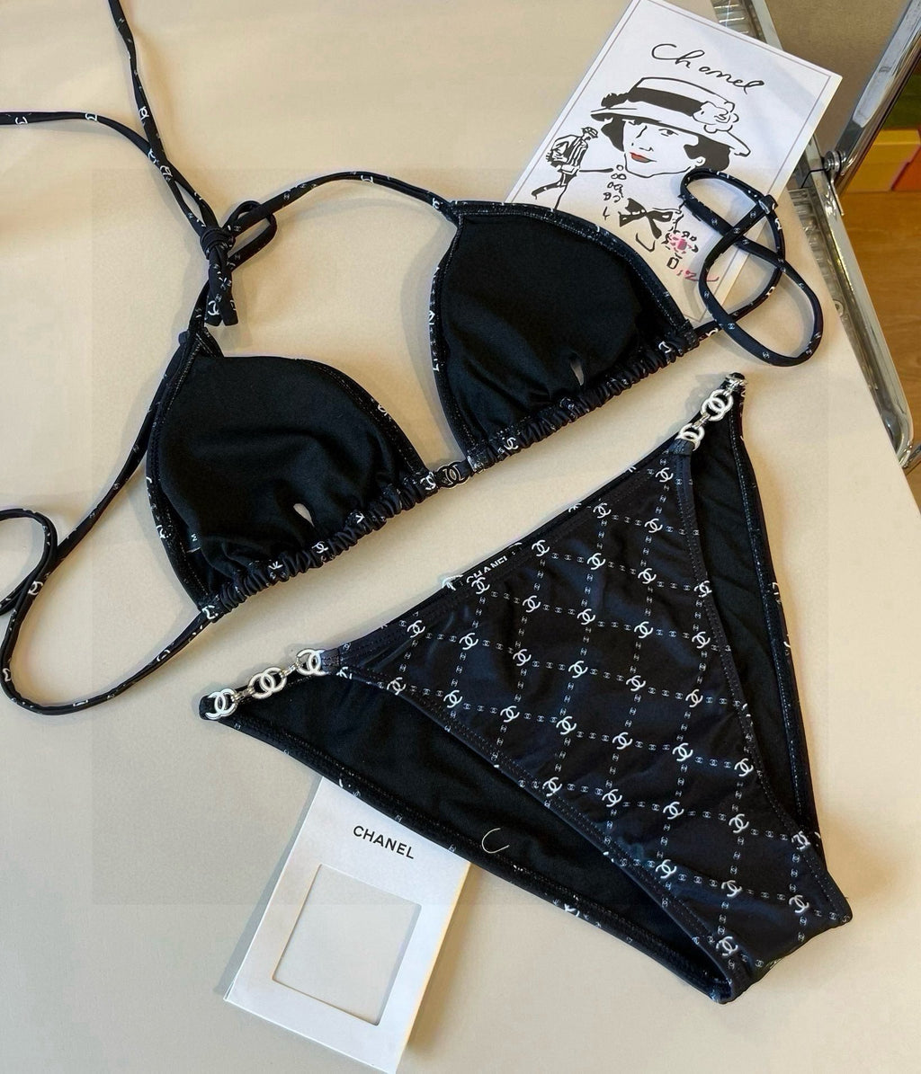 CHANEL BIKINI SWIMSUIT SET IN BLACK AND WHITE PLAID 629230