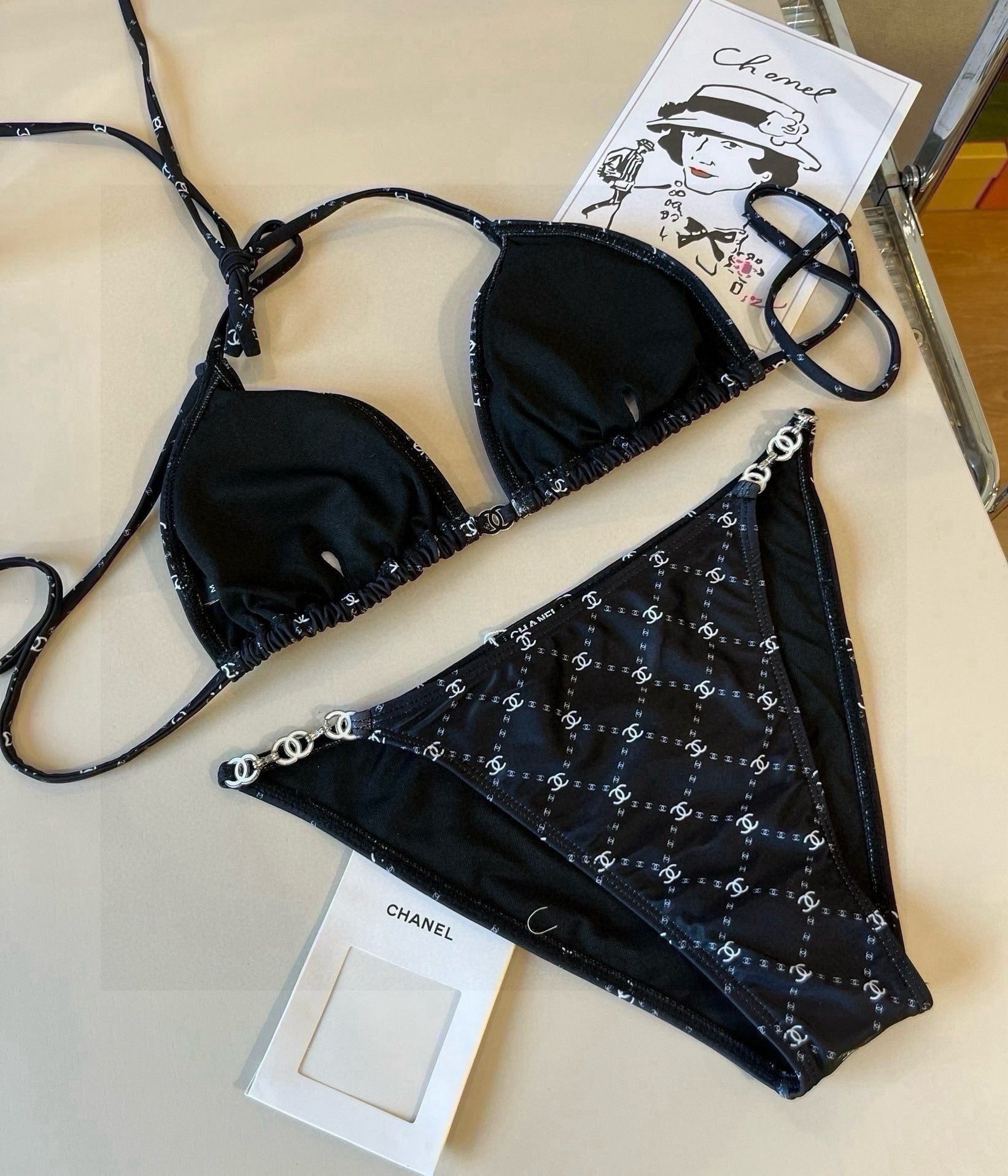 CHANEL BIKINI SWIMSUIT SET IN BLACK AND WHITE PLAID 629230