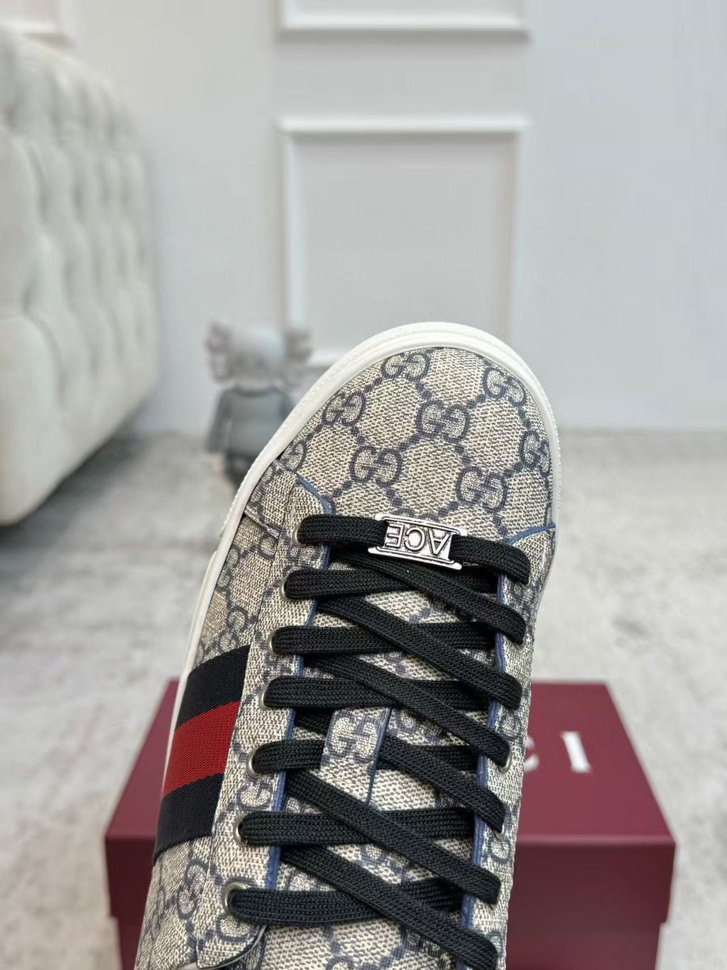 GUCCI ACE TRAINER CANVAS IN WEB BEIGE