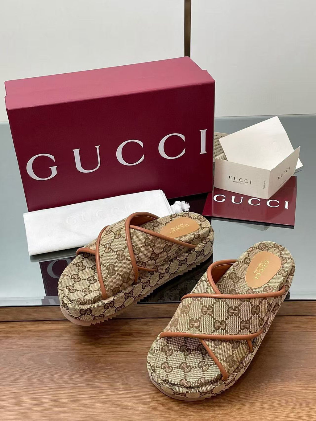 GUCCI PLATFORM SANDALS IN BEIGE AND DARK BROWN  CANVAS