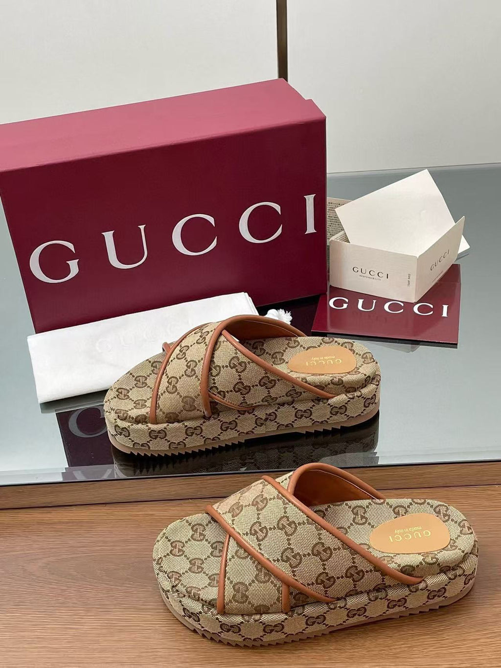 GUCCI PLATFORM SANDALS IN BEIGE AND DARK BROWN  CANVAS
