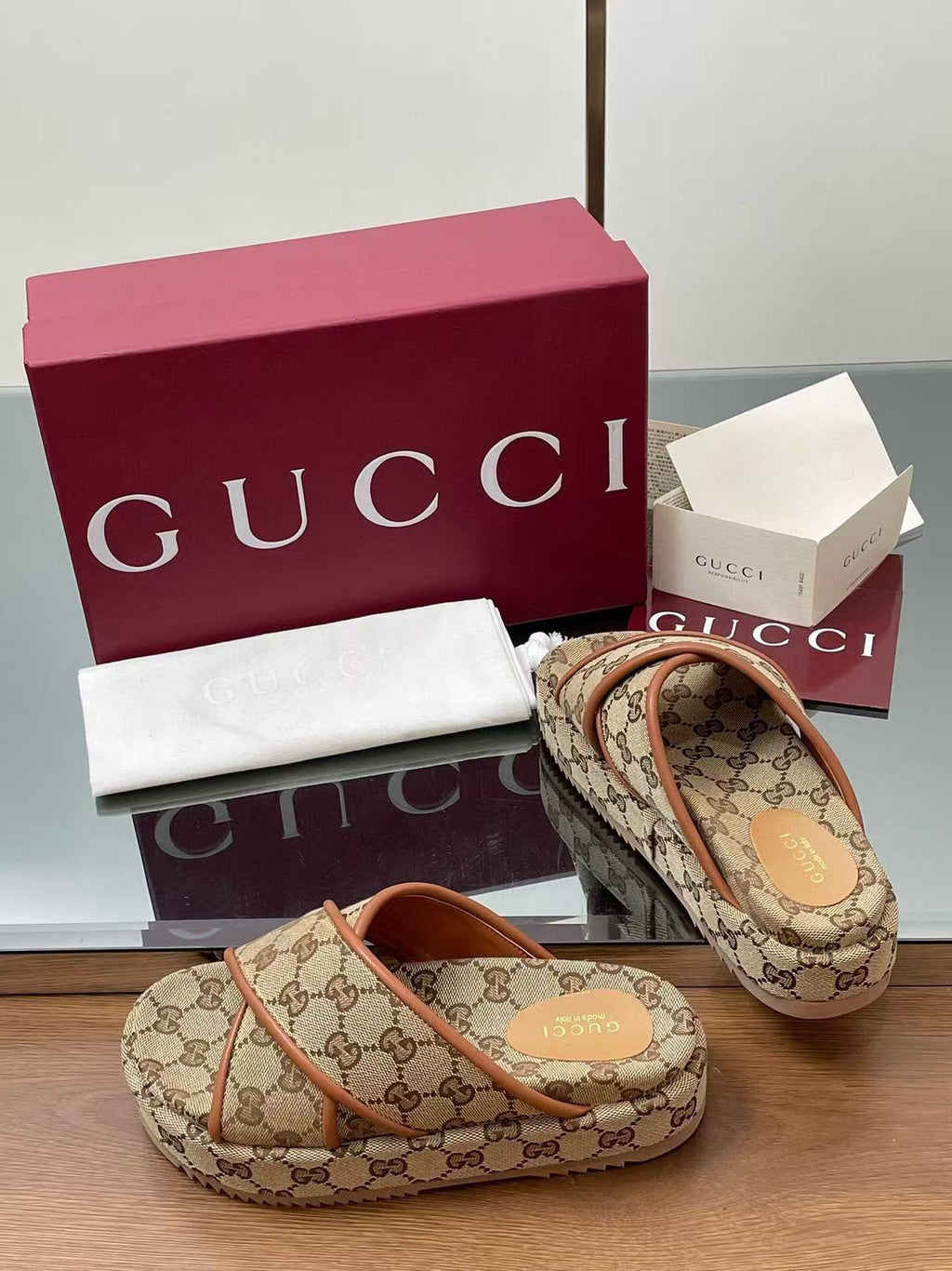 GUCCI PLATFORM SANDALS IN BEIGE AND DARK BROWN  CANVAS