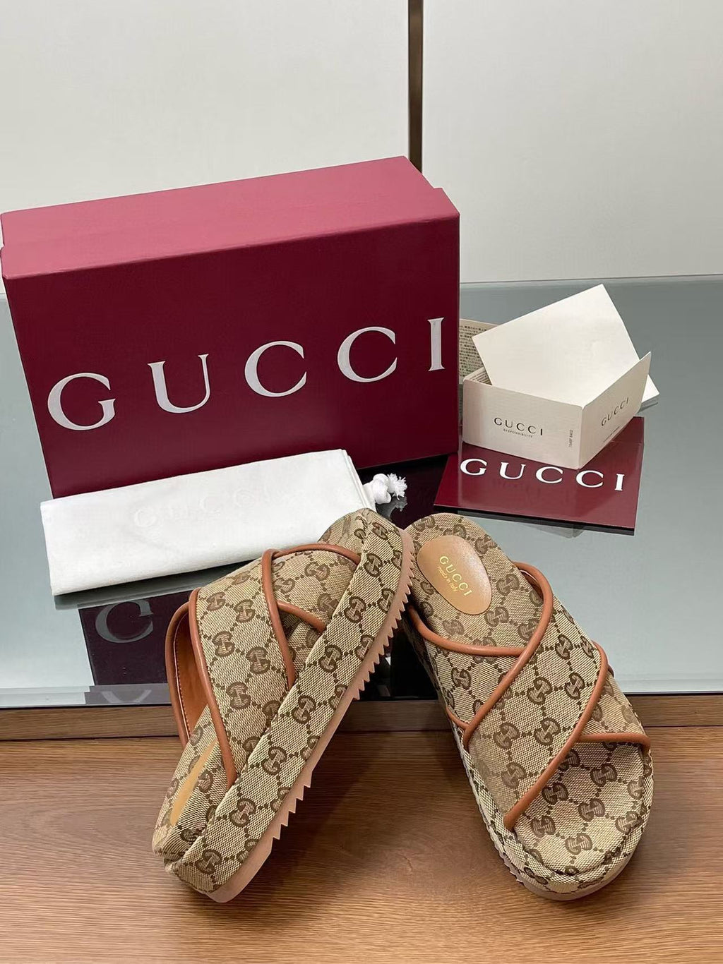 GUCCI PLATFORM SANDALS IN BEIGE AND DARK BROWN  CANVAS