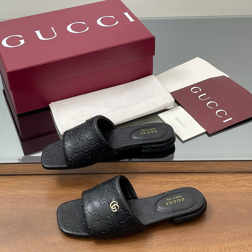 GUCCI DOUBLE G SANDALS IN BLACK IVORY CALFSKIN