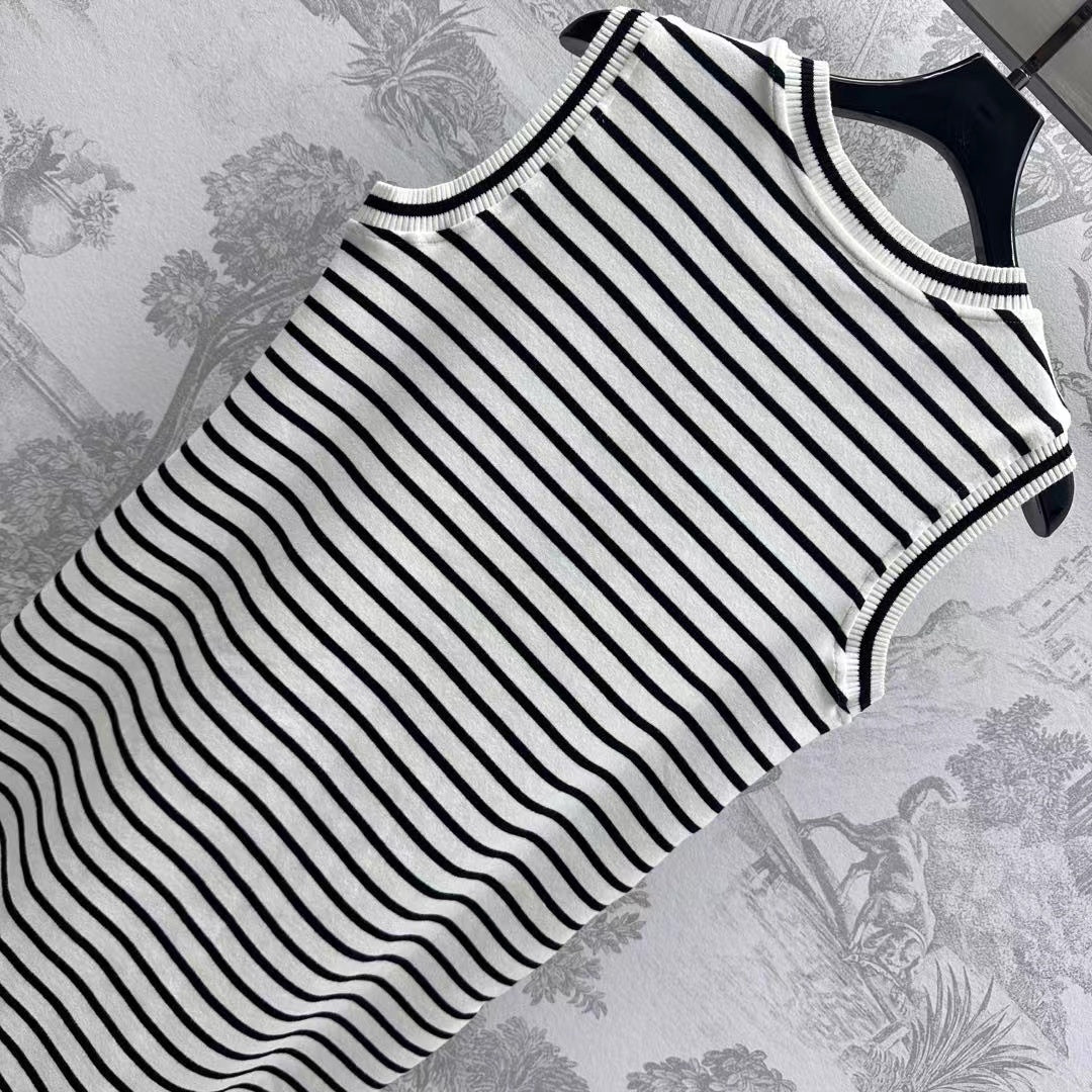CELINE Triomphe Striped Mini Dress Black White Crocheted Cotton