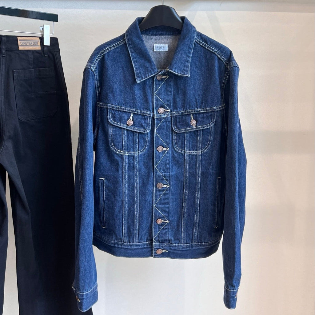 CELINE CLASSIC TRUCKER JACKET INDIGO DENIM CONTRAST STITCHING SILVER BUTTONS          Ask ChatGPT