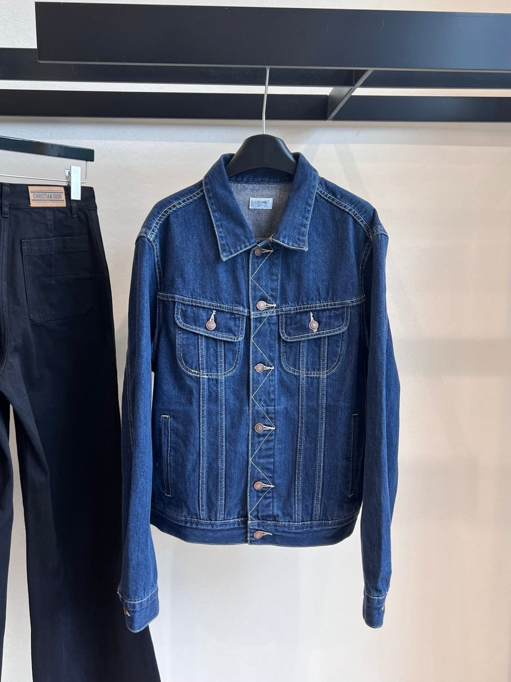 CELINE CLASSIC TRUCKER JACKET INDIGO DENIM CONTRAST STITCHING SILVER BUTTONS          Ask ChatGPT