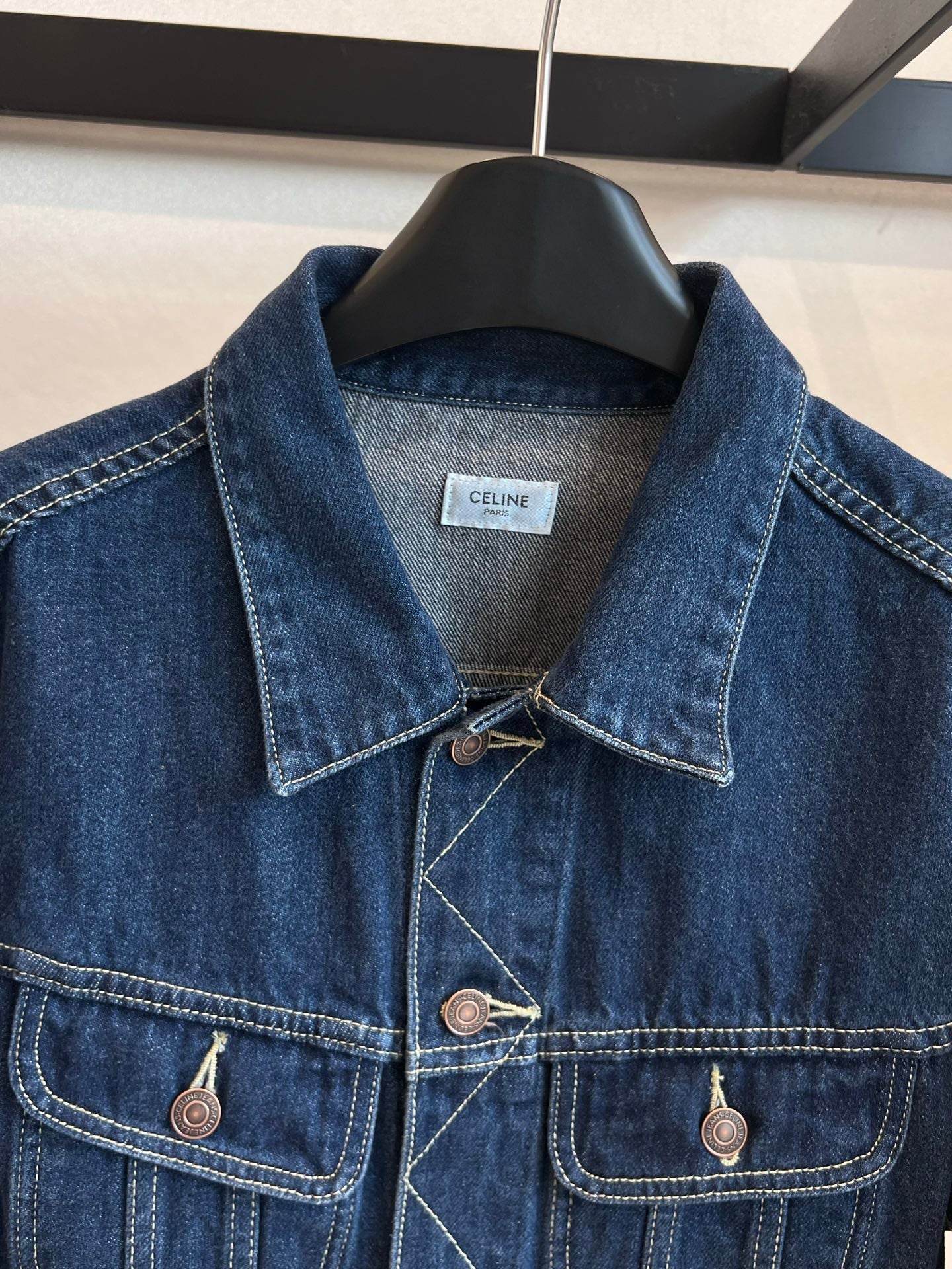CELINE CLASSIC TRUCKER JACKET INDIGO DENIM CONTRAST STITCHING SILVER BUTTONS          Ask ChatGPT