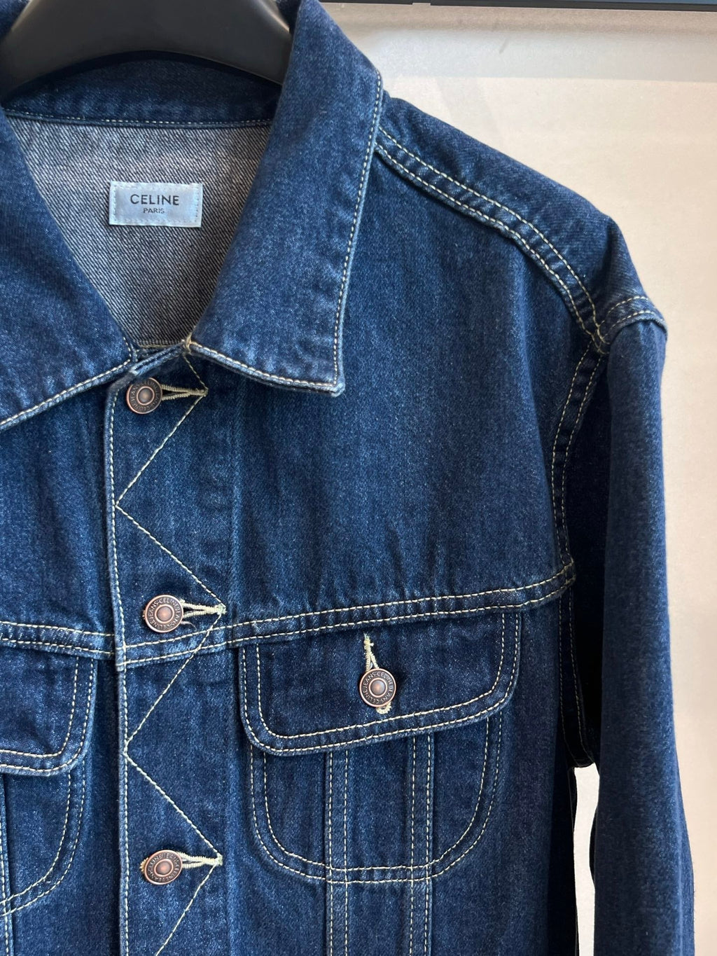 CELINE CLASSIC TRUCKER JACKET INDIGO DENIM CONTRAST STITCHING SILVER BUTTONS          Ask ChatGPT