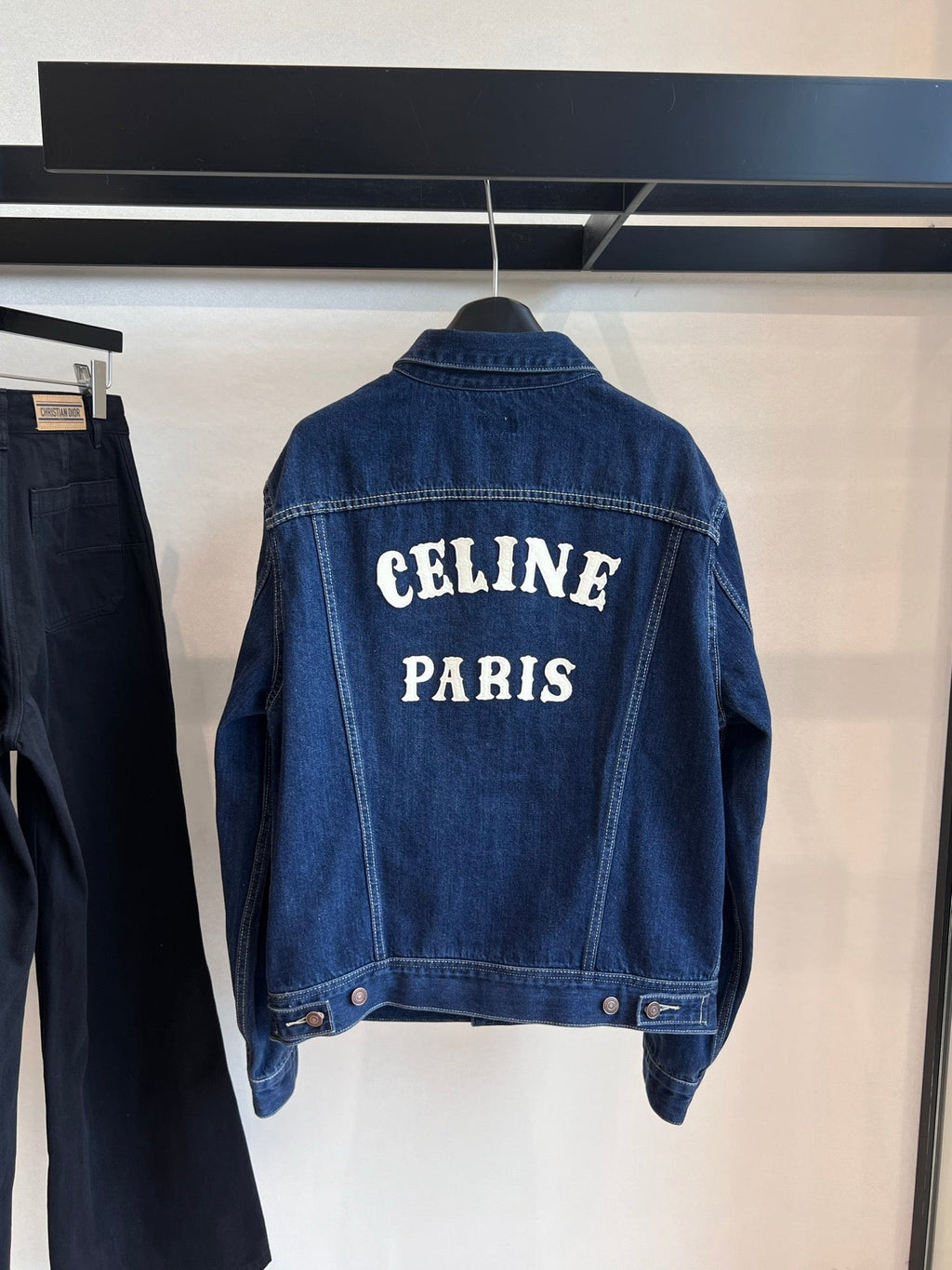 CELINE CLASSIC TRUCKER JACKET INDIGO DENIM CONTRAST STITCHING SILVER BUTTONS          Ask ChatGPT