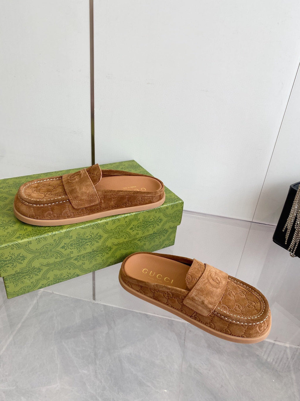 GUCCI LOAFERS IN BROWN MONOGRAM EMBOSSED SUEDE