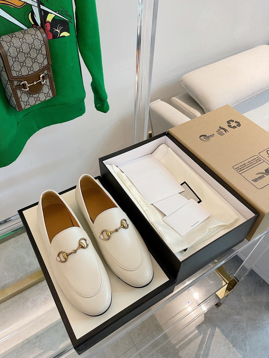 GUCCI LOAFERS MULES WHITE BROWN SOLE