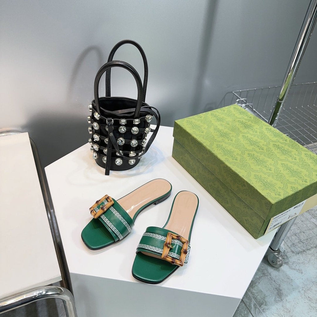 GUCCI BAMBOO BUCKLE FLAT SANDALS GREEN