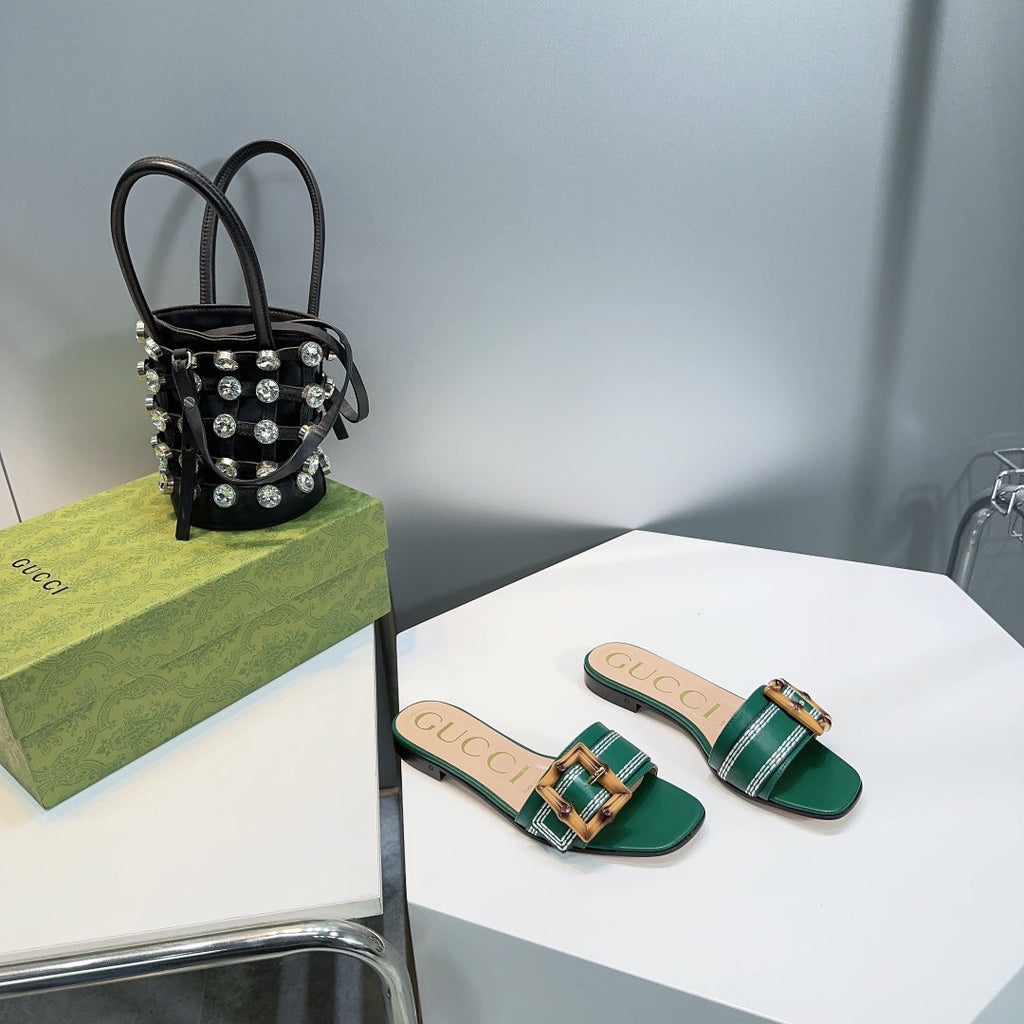 GUCCI BAMBOO BUCKLE FLAT SANDALS GREEN