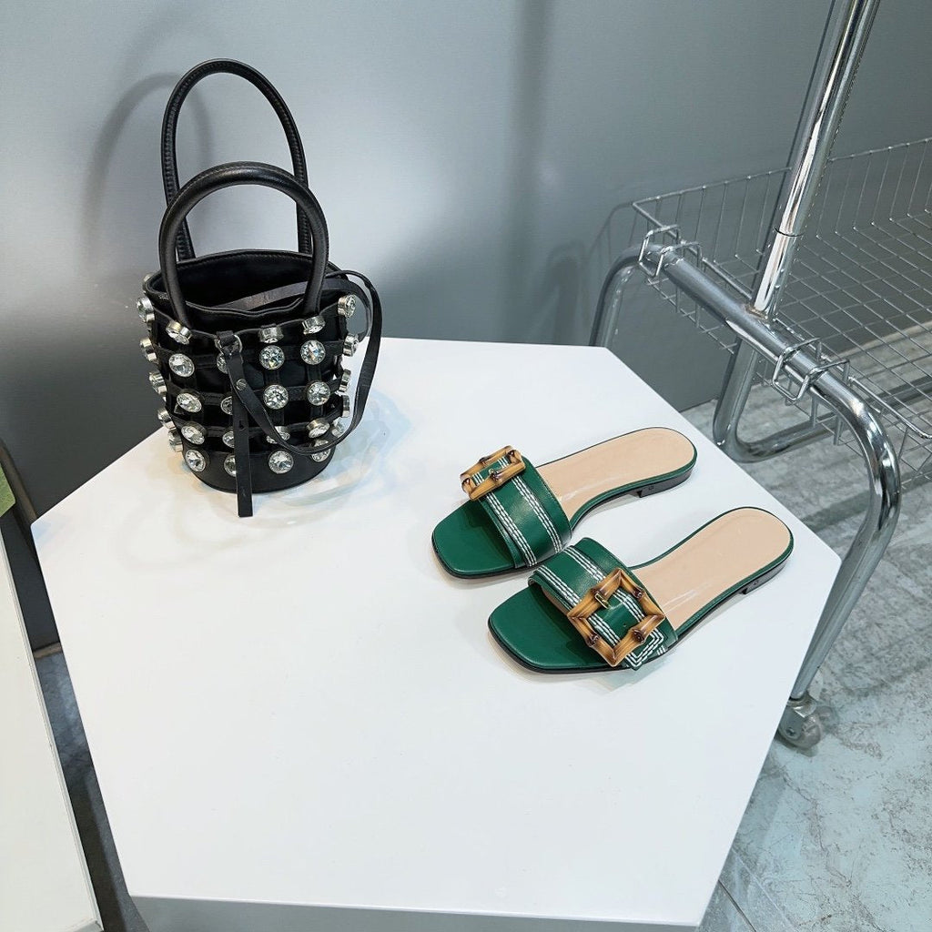GUCCI BAMBOO BUCKLE FLAT SANDALS GREEN