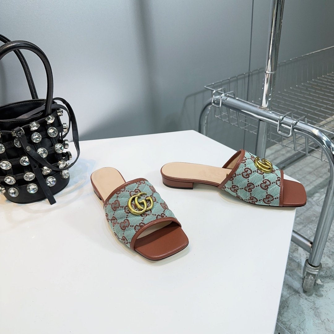 GUCCI MATELASS¨¦ CANVAS SLIDES LIGHT GREEN